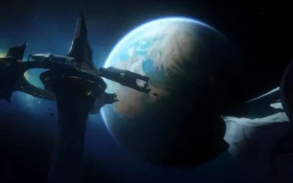 Genshin Impact video game — Luna VIII 4K Ultra HD PC desktop wallpaper: silhouetted orbital station beside a blue-green planet against a starry void.