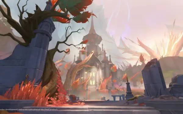 HD PC desktop wallpaper of video game Genshin Impact Luna VIII: a ruined castle surrounded by glowing red foliage under a dramatic, storm-tinted sky.