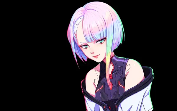 Lucy (Cyberpunk: Edgerunners) — pastel‑haired anime girl/waifu in a cybernetic outfit with neon accents on black background; Cyberpunk 2077 style, 5K Ultra HD PC desktop wallpaper.