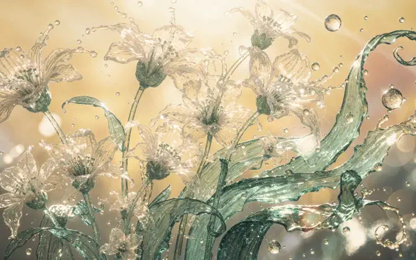 4K Ultra HD PC desktop wallpaper and background: dreamy summer floral scene of translucent blooms and flowing water-like ribbons against warm golden bokeh.
