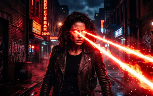 5K Ultra HD PC desktop wallpaper of a woman with glowing red laser eyes firing beams down a rain-slick neon alley, wearing a black leather jacket.