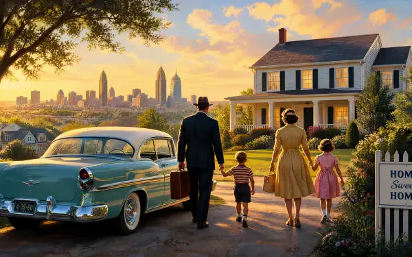 The American Dream — 4K Ultra HD PC Desktop Wallpaper and Background: a 1950s family walks hand-in-hand past a vintage car toward a sunlit suburban home with a distant city skyline.