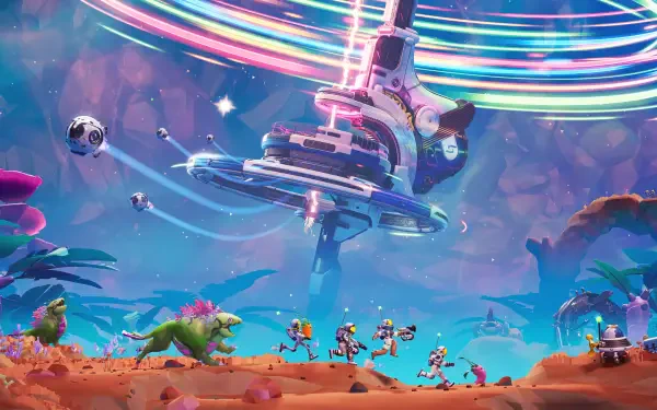 Vibrant 4K Ultra HD PC desktop wallpaper of the video game Starseeker: Astroneer Expeditions — astronauts and robot drones explore a neon alien landscape beneath a towering ringed space elevator.
