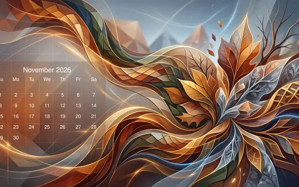 November 2026 calendar over an abstract autumn leaf swirl in rich gold and blue tones — 5K Ultra HD PC desktop wallpaper and background.
