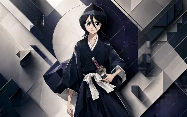 Rukia Kuchiki in black shihakusho, holding her zanpakuto before a stylized moon and geometric backdrop — 4K Ultra HD PC desktop wallpaper/background.