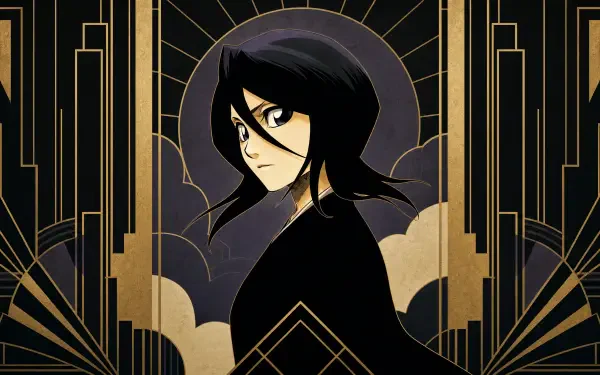 Rukia Kuchiki portrait in Art Deco gold and black motif, centered against a geometric sunburst; 4K Ultra HD PC desktop wallpaper and background.