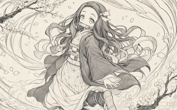 Monochrome sketch of Nezuko Kamado in a flowing kimono and ribbon, surrounded by swirling petals and branches — 4K Ultra HD PC desktop wallpaper and background