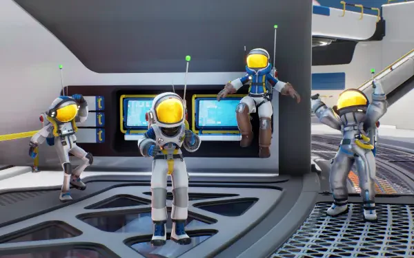 HD PC desktop wallpaper and background from the video game Starseeker: Astroneer Expeditions showing four white-suited astronauts with yellow visors jumping and posing inside a futuristic space station.