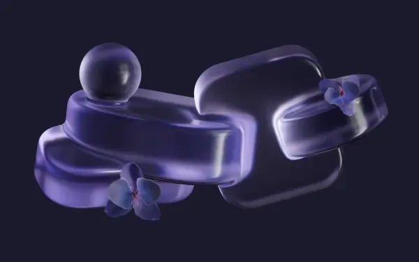 Microsoft Opaline 4K Ultra HD PC desktop wallpaper: translucent opalescent purple glass-like abstract blobs and a sphere with small violet flowers on a deep navy background.