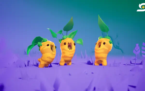 Three chubby yellow sprout creatures with leafy heads on a purple alien plain — video game Starseeker: Astroneer Expeditions 4K Ultra HD PC desktop wallpaper and background.