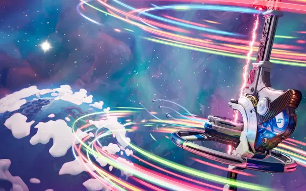 4K Ultra HD PC wallpaper from the video game Starseeker: Astroneer Expeditions, a sleek spacecraft weaving neon rings above a colorful nebula and icy planet.