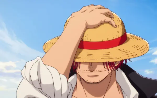 HD PC desktop wallpaper of One Piece's Shanks tipping his straw hat, scarred face half-hidden beneath a clear blue sky.