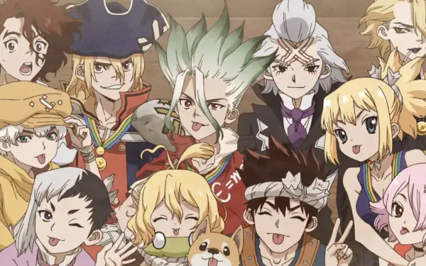 HD anime PC desktop wallpaper: Dr. Stone characters in a bright group portrait—Senku with spiky green hair at center, surrounded by smiling friends and playful expressions.