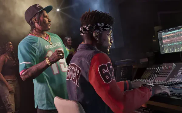 4K Ultra HD PC desktop wallpaper inspired by Grand Theft Auto VI: two musicians in a dim recording studio control room, cinematic lighting — tagged DreQuan Priest.
