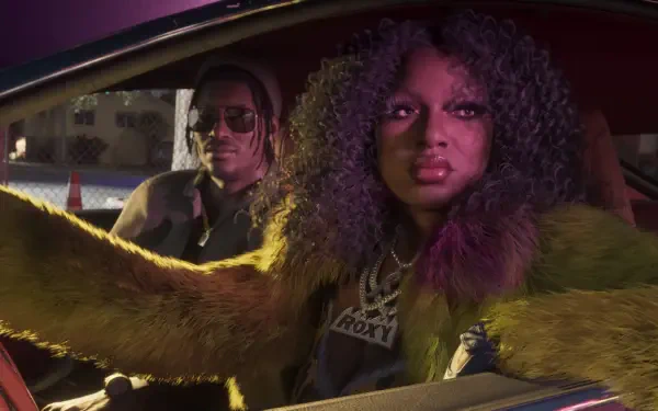 4K Ultra HD Grand Theft Auto VI desktop wallpaper showing two stylized characters in a car — driver with sunglasses and passenger with curly hair and a fur coat; Real Dimez video game art.