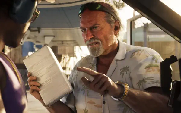 4K Ultra HD Grand Theft Auto VI desktop wallpaper: rugged older man in a floral shirt waving a notepad at a driver in a sunlit car scene — video game art by Brian Heder