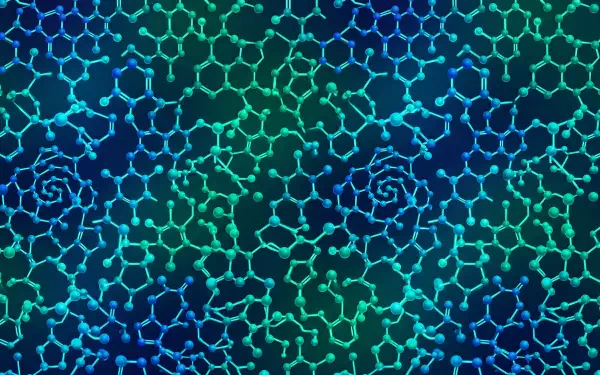 5K Ultra HD PC desktop wallpaper/background showing a teal-blue molecular pattern with hexagonal bonds and spiral motifs forming a repeating, textured nanoscale lattice.