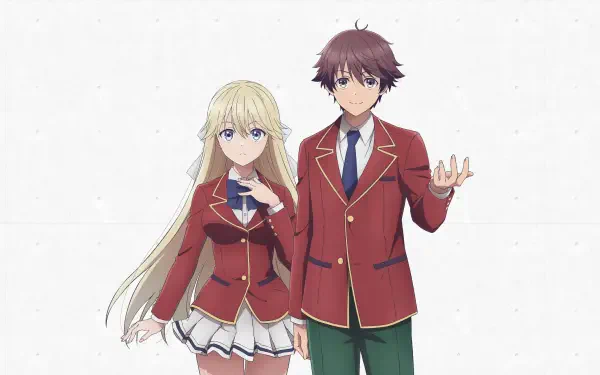 Classroom of the Elite 4K Ultra HD PC desktop wallpaper showing two students in red school uniforms — a blonde girl and a brown-haired boy — standing on a white speckled background.