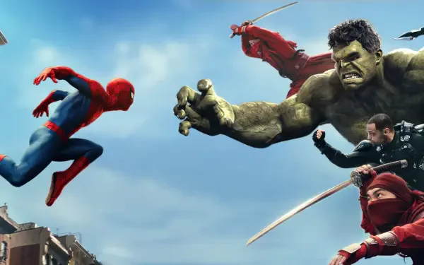 4K Ultra HD PC wallpaper featuring Spider-Man: Brand New Day — Spider-Man mid-swing toward the Hulk and armored foes over a city skyline.