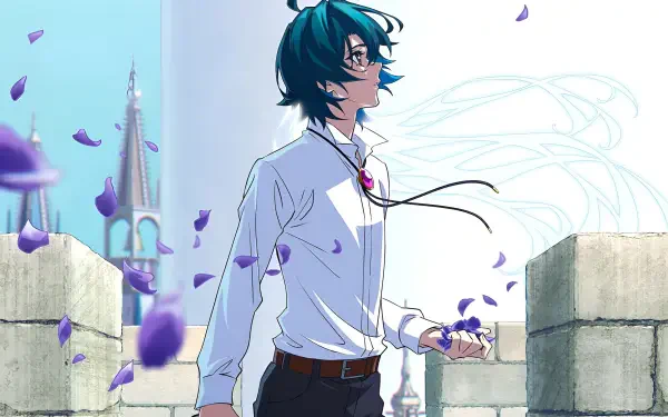 Anime 2K Quad HD PC desktop wallpaper of Will Serfort (Wistoria: Wand and Sword) — teal‑haired young man on a castle wall, white shirt, drifting purple petals and a subtle wand motif.