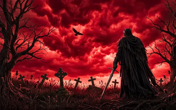 5K Ultra HD PC wallpaper: a medieval death knight stands in a graveyard beneath a crimson sky — red aesthetic with weathered crosses, crows, and a drawn sword.