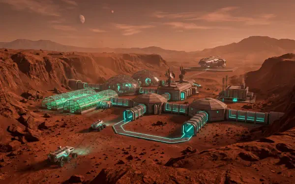 5K Ultra HD PC desktop wallpaper of a Mars colony: illuminated domes, green-lit corridors and landing craft spread across a red rocky plain under a dusky orange sky.