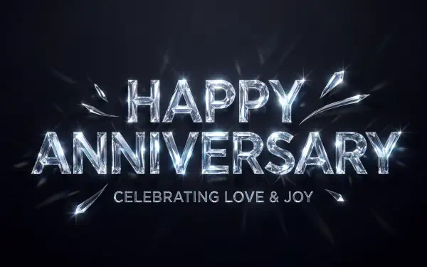 5K Ultra HD PC desktop wallpaper: dark background with 'HAPPY ANNIVERSARY' in crystalline shattered-glass letters and 'CELEBRATING LOVE & JOY' caption.