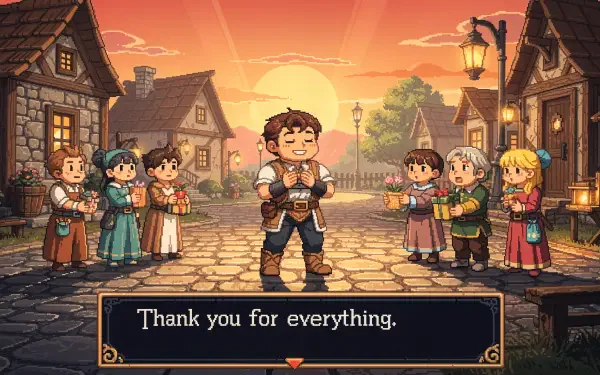 Grateful pixel-art sunset village: hero bows as townsfolk applaud with text Thank you for everything. 4K Ultra HD PC desktop wallpaper and background, warm nostalgic palette.