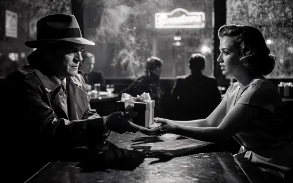 Film-noir black-and-white 4K Ultra HD PC desktop wallpaper/background: a man in a fedora hands a wrapped gift to a woman across a smoky bar, a tense gift-giving moment.