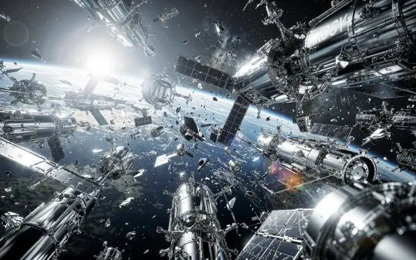 Space debris field and fragmented satellite modules orbiting above Earth with bright solar glare — 4K Ultra HD PC desktop wallpaper/background.
