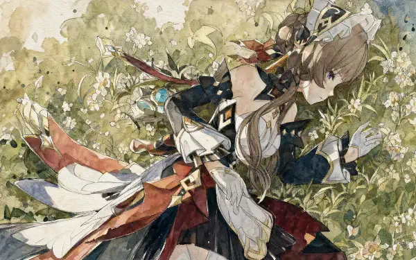 Watercolor-style 4K Ultra HD PC desktop wallpaper/background featuring Sandrone (Genshin Impact) crouched among white wildflowers, flowing ribbons and intricate costume details.