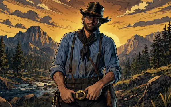 Arthur Morgan stands in a rugged frontier at sunset, mountains and pine forest behind him — 4K Ultra HD PC desktop wallpaper.