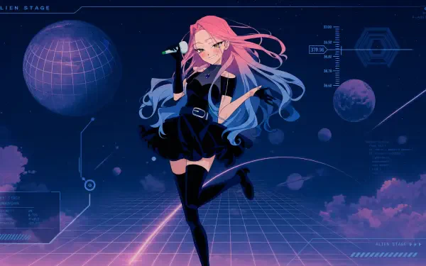 Alien Stage — 4K Ultra HD PC desktop wallpaper: anime-style alien singer with pink-blue hair on a neon grid stage with planets and holographic HUD.