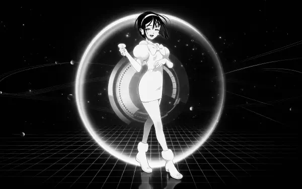 Monochrome Alien Stage 4K Ultra HD PC desktop wallpaper: a stylized female android posing inside a glowing circular portal on a grid floor, with orbit rings and distant stars.