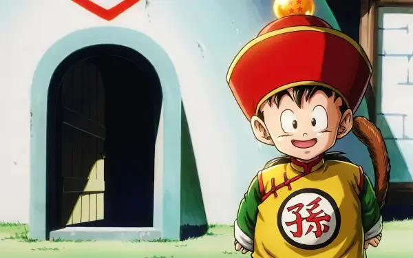 HD PC desktop wallpaper of young Gohan from Dragon Ball Z, anime scene outside a small white house, smiling in traditional outfit with red hat and tail.