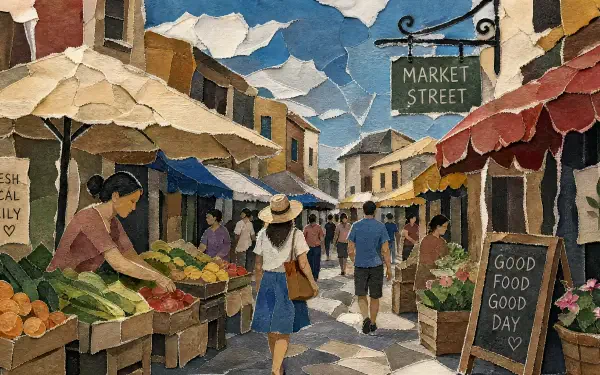 Vibrant street market with produce stalls, shoppers and sunlit awnings in a painted collage style — 4K Ultra HD PC desktop wallpaper and background.