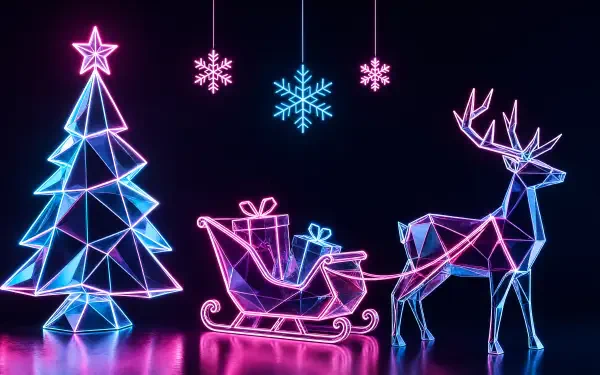 Neon Christmas 4K Ultra HD PC desktop wallpaper: glowing wireframe tree, hanging snowflakes, sleigh and geometric reindeer in pink and blue on a black background.