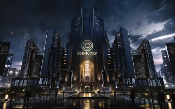4K Ultra HD PC desktop wallpaper: towering Omnicorp skyscraper lit beneath a stormy sky, reflecting in a wet plaza — menacing, high-tech evil corporation headquarters.