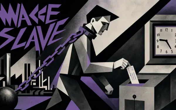 4K Ultra HD PC desktop wallpaper titled WAGE SLAVE: angular, monochrome worker chained to a cityscape, inserting a timecard into a box beneath a wall clock, purple accents.