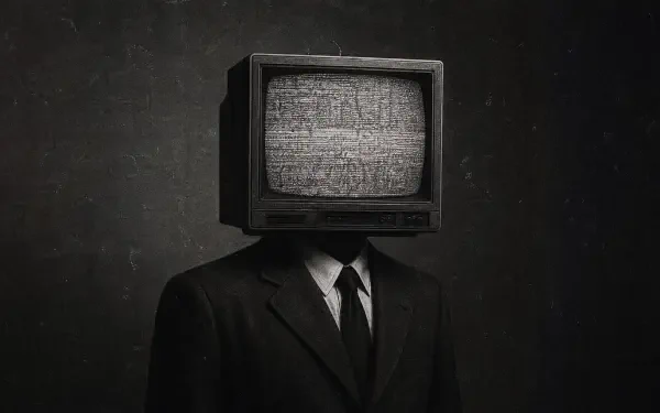 4K Ultra HD PC desktop wallpaper: a tv head figure in a suit with a static-filled vintage screen against a textured dark background.