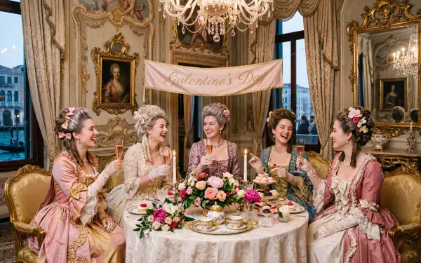 Galentine's Day 5K Ultra HD PC desktop wallpaper and background: five women in rococo gowns toast around a floral tea table in an ornate salon beneath a crystal chandelier.