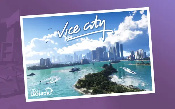 Grand Theft Auto VI, video game Grand Theft Auto 4K Ultra HD PC wallpaper: Vice City postcard-style view of tropical islands, turquoise bay with boats and seaplane and a modern skyline under blue skies.