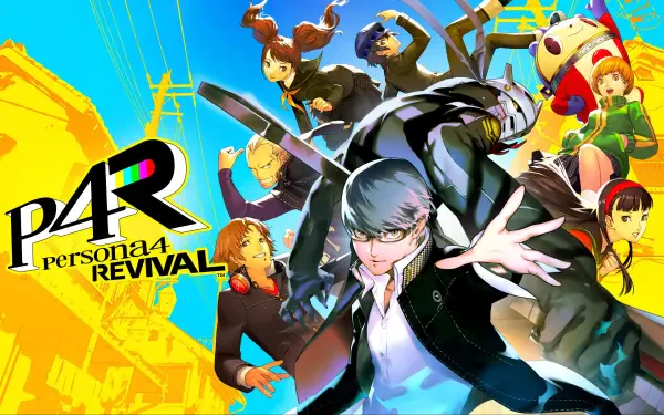 Persona 4 Revival 4K Ultra HD PC desktop wallpaper and background: protagonist and party striking dynamic poses against a vibrant yellow-blue urban backdrop.