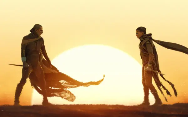 Dune: Part Three — 4K Ultra HD PC Desktop Wallpaper and Background of two robed figures confronting each other before a massive desert sunset, wind-torn cloaks and long shadows.