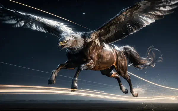 Hippogriff soaring over a glowing horizon with motion trails and stars — 4K Ultra HD PC desktop wallpaper and background.