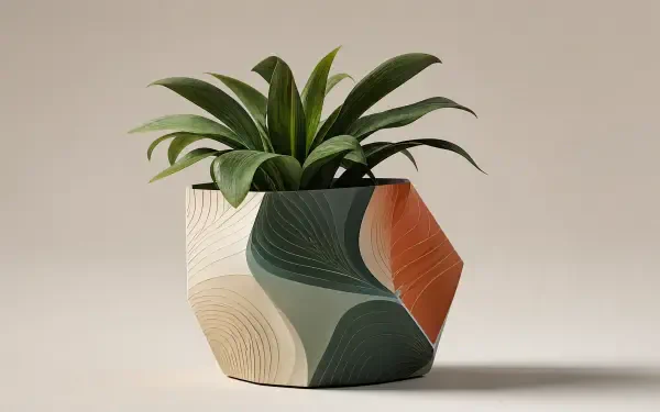 Geometric painted planter holding a green succulent on a neutral beige backdrop — 4K Ultra HD PC desktop wallpaper and background.