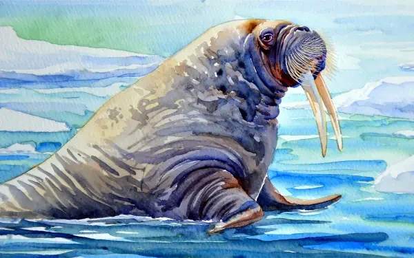5K Ultra HD PC desktop wallpaper and background — watercolor-style walrus lounging on icy blue sea, tusks visible against a soft Arctic sky.
