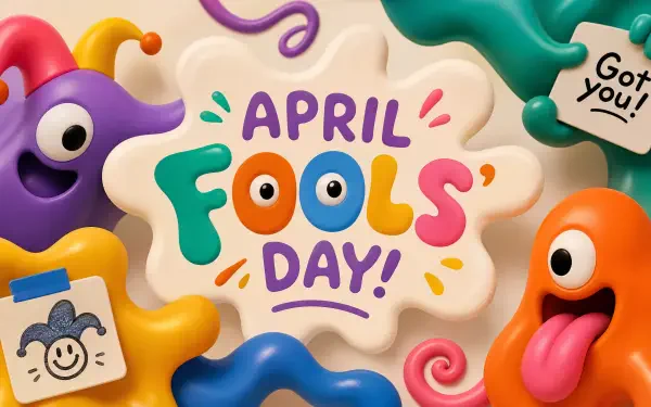 4K Ultra HD PC desktop wallpaper: playful colorful blob monsters and doodles framing bold April Fools' Day! text, confetti accents and a small Got you! sticky note.