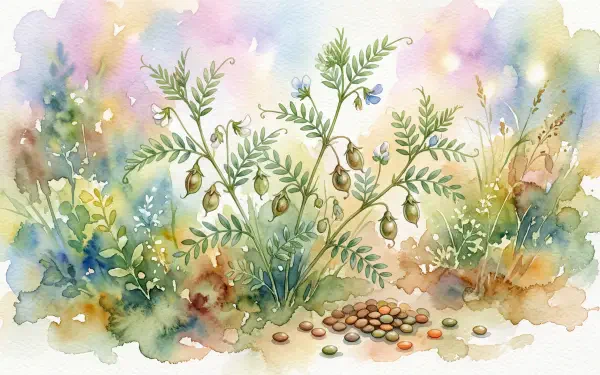 Watercolor lentil plant with pods and scattered seeds set on a soft pastel wash — 5K Ultra HD PC desktop wallpaper and background.