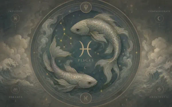 Pisces astrology 4K Ultra HD PC wallpaper: two silver fish circling a starry celestial disk with the Pisces glyph and an ornate clouded border.